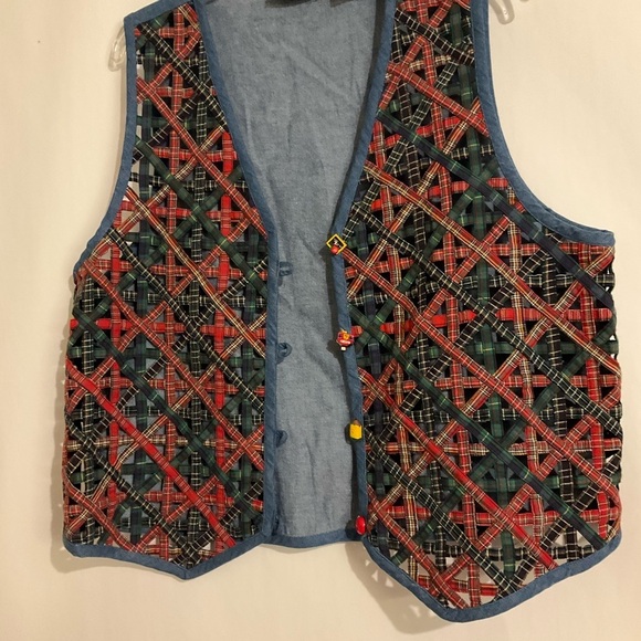 Casey & Max Vintage Vest Denim & Plaid Christmas School Large Blue Red Green - Picture 9 of 11